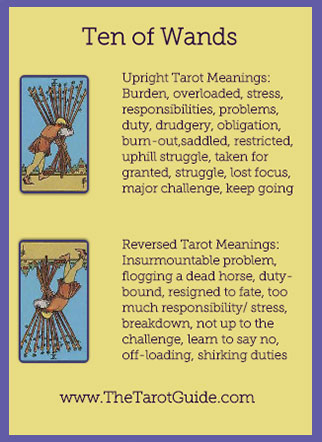 Ten of Wands Tarot Flashcard showing the best keyword meanings for the upright & reversed card, free online Minor Arcana flashcards, made by professional psychic Tarot reader, The Tarot Guide, the easy way to learn how to accurately read Tarot.