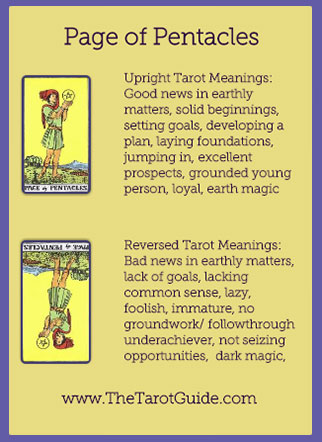 Page of Pentacles Tarot Flashcard showing the best keyword meanings for the upright & reversed card, free online Minor Arcana flashcards, made by professional psychic Tarot reader, The Tarot Guide, the easy way to learn how to accurately read Tarot.