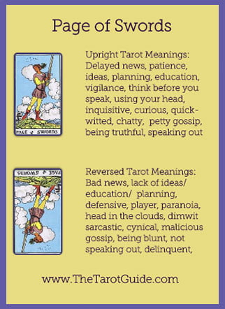 Page of Swords Tarot Flashcard showing the best keyword meanings for the upright & reversed card, free online Minor Arcana flashcards, made by professional psychic Tarot reader, The Tarot Guide, the easy way to learn how to accurately read Tarot.