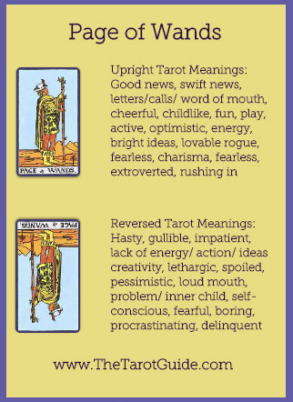 Page of Wands Tarot Flashcard showing the best keyword meanings for the upright & reversed card, free online Minor Arcana flashcards, made by professional psychic Tarot reader, The Tarot Guide, the easy way to learn how to accurately read Tarot.