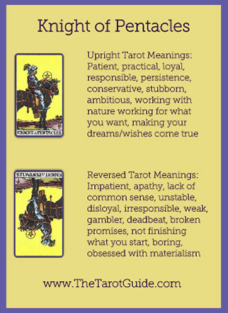 Knight of Pentacles Tarot Flashcard showing the best keyword meanings for the upright & reversed card, free online Minor Arcana flashcards, made by professional psychic Tarot reader, The Tarot Guide, the easy way to learn how to accurately read Tarot.