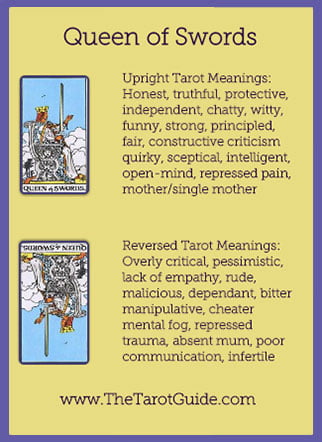 Queen of Swords Tarot Flashcard showing the best keyword meanings for the upright & reversed card, free online Minor Arcana flashcards, made by professional psychic Tarot reader, The Tarot Guide, the easy way to learn how to accurately read Tarot.