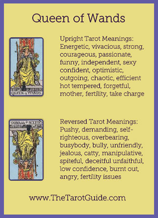 Queen of Wands Tarot Flashcard showing the best keyword meanings for the upright & reversed card, free online Minor Arcana flashcards, made by professional psychic Tarot reader, The Tarot Guide, the easy way to learn how to accurately read Tarot.