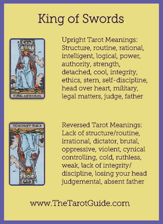 King of Swords Tarot Flashcard showing the best keyword meanings for the upright & reversed card, free online Minor Arcana flashcards, made by professional psychic Tarot reader, The Tarot Guide, the easy way to learn how to accurately read Tarot.