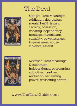 The Devil Tarot flashcard upright and reversed meaning by The Tarot Guide, Major Arcana, free Tarot reading, Online Tarot, Love Tarot, Tarot card meanings, lotus tarot, clairvoyant, Taro, free Tarot, reiki, numerology, tarot reader Chicago,