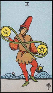 Two of Pentacles Tarot Upright Meaning by The Tarot Guide, Learn How to Read Tarot Cards, Minor Arcana, General Interpretation, Love, Relationships, Money, Finance, Health, Spirituality, Keywords, Tarot Reading, Tarot Readers, Psychic, Clairvoyant, Reiki, Palm, Online, Skype, Email, In-person Tarot Readings, Dublin, Ireland, UK, USA, Canada, Australia, How Someone Sees You, Feels About You, Job Offer, Feelings¸ Outcome