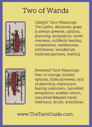 Two of Wands Tarot Flashcard showing the best keyword meanings for the upright & reversed card, free online Minor Arcana flashcards, made by professional psychic Tarot reader, The Tarot Guide, the easy way to learn how to accurately read Tarot.