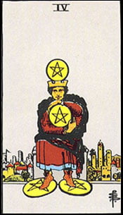 Four of Pentacles Tarot Upright Meaning by The Tarot Guide, Learn How to Read Tarot Cards, Minor Arcana, General Interpretation, Love, Relationships, Money, Finance, Health, Spirituality, Keywords, Tarot Reading, Tarot Readers, Psychic, Clairvoyant, Reiki, Palm, Online, Skype, Email, In-person Tarot Readings, Dublin, Ireland, UK, USA, Canada, Australia, How Someone Sees You, Feels About You, Job Offer, Feelings¸ Outcome