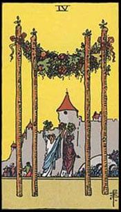 Four of Wands Tarot Upright Meaning by The Tarot Guide, Learn How to Read Tarot Cards, Minor Arcana, General Interpretation, Love, Relationships, Money, Finance, Health, Spirituality, Keywords, Tarot Reading, Tarot Readers, Psychic, Clairvoyant, Reiki, Palm, Online, Skype, Email, In-person Tarot Readings, Dublin, Ireland, UK, USA, Canada, Australia, How Someone Sees You, Feels About You, Job Offer, Feelings¸ Outcome