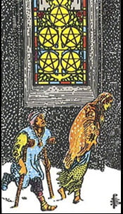 Five of Pentacles Tarot Upright Meaning by The Tarot Guide, Learn How to Read Tarot Cards, Minor Arcana, General Interpretation, Love, Relationships, Money, Finance, Health, Spirituality, Keywords, Tarot Reading, Tarot Readers, Psychic, Clairvoyant, Reiki, Palm, Online, Skype, Email, In-person Tarot Readings, Dublin, Ireland, UK, USA, Canada, Australia, How Someone Sees You, Feels About You, Job Offer, Feelings¸ Outcome