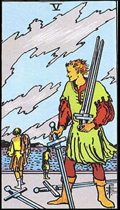 Five of Swords Tarot Upright Meaning by The Tarot Guide, Learn How to Read Tarot Cards, Minor Arcana, General Interpretation, Love, Relationships, Money, Finance, Health, Spirituality, Keywords, Tarot Reading, Tarot Readers, Psychic, Clairvoyant, Reiki, Palm, Online, Skype, Email, In-person Tarot Readings, Dublin, Ireland, UK, USA, Canada, Australia, How Someone Sees You, Feels About You, Job Offer, Feelings¸ Outcome