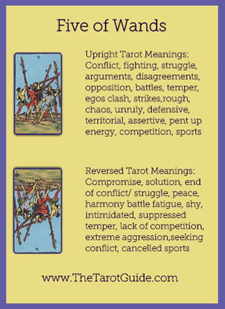 Five of Wands Tarot Flashcard showing the best keyword meanings for the upright & reversed card, free online Minor Arcana flashcards, made by professional psychic Tarot reader, The Tarot Guide, the easy way to learn how to accurately read Tarot.