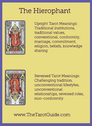 The Hierophant Tarot flashcard upright and reversed meaning by The Tarot Guide, Major Arcana, free Tarot reading, reincarnation, witch, magic, rose quartz, crystals, reiki massage, celtic cross, physic, clairvoyant, tarot reading Cork,