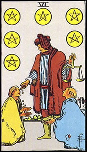 Six of Pentacles Tarot Upright Meaning by The Tarot Guide, Learn How to Read Tarot Cards, Minor Arcana, General Interpretation, Love, Relationships, Money, Finance, Health, Spirituality, Keywords, Tarot Reading, Tarot Readers, Psychic, Clairvoyant, Reiki, Palm, Online, Skype, Email, In-person Tarot Readings, Dublin, Ireland, UK, USA, Canada, Australia, How Someone Sees You, Feels About You, Job Offer, Feelings¸ Outcome