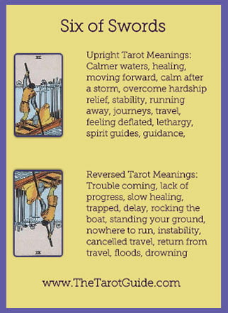 Six of Swords Tarot Flashcard showing the best keyword meanings for the upright & reversed card, free online Minor Arcana flashcards, made by professional psychic Tarot reader, The Tarot Guide, the easy way to learn how to accurately read Tarot.