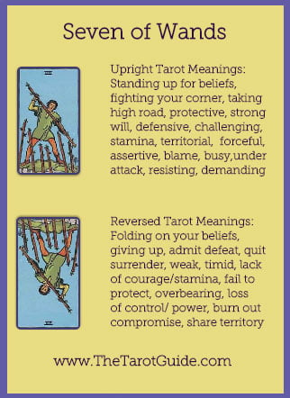 Seven of Wands Tarot Flashcard showing the best keyword meanings for the upright & reversed card, free online Minor Arcana flashcards, made by professional psychic Tarot reader, The Tarot Guide, the easy way to learn how to accurately read Tarot.