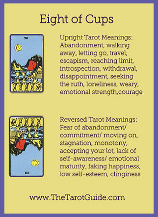 Eight of Cups Tarot Flashcard showing the best keyword meanings for the upright & reversed card, free online Minor Arcana flashcards, made by professional psychic Tarot reader, The Tarot Guide, the easy way to learn how to accurately read Tarot.