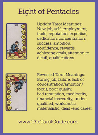 Eight of Pentacles Tarot Flashcard showing the best keyword meanings for the upright & reversed card, free online Minor Arcana flashcards, made by professional psychic Tarot reader, The Tarot Guide, the easy way to learn how to accurately read Tarot.