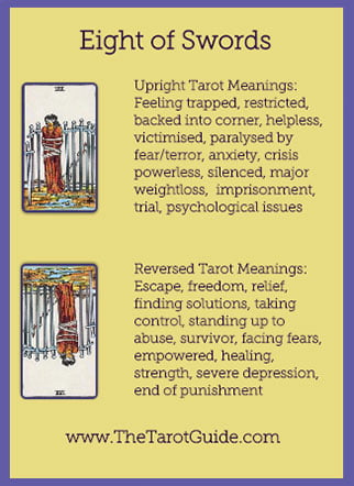 Eight of Swords Tarot Flashcard showing the best keyword meanings for the upright & reversed card, free online Minor Arcana flashcards, made by professional psychic Tarot reader, The Tarot Guide, the easy way to learn how to accurately read Tarot.