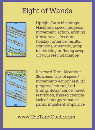 Eight of Wands Tarot Flashcard showing the best keyword meanings for the upright & reversed card, free online Minor Arcana flashcards, made by professional psychic Tarot reader, The Tarot Guide, the easy way to learn how to accurately read Tarot.
