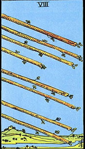 Eight of Wands Tarot Upright Meaning by The Tarot Guide, Learn How to Read Tarot Cards, Minor Arcana, General Interpretation, Love, Relationships, Money, Finance, Health, Spirituality, Keywords, Tarot Reading, Tarot Readers, Psychic, Clairvoyant, Reiki, Palm, Online, Skype, Email, In-person Tarot Readings, Dublin, Ireland, UK, USA, Canada, Australia, How Someone Sees You, Feels About You, Job Offer, Feelings¸ Outcome