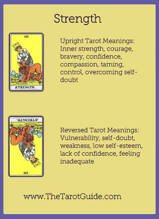 Strength Tarot flashcard upright and reversed meaning by The Tarot Guide, Major Arcana, free Tarot reading, reincarnation, witch, magic, rose quartz, crystals, reiki massage, celtic cross, physic, clairvoyant, tarot reader Ontario,