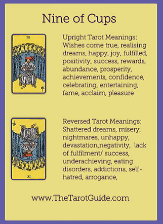 Nine of Cups Tarot Flashcard showing the best keyword meanings for the upright & reversed card, free online Minor Arcana flashcards, made by professional psychic Tarot reader, The Tarot Guide, the easy way to learn how to accurately read Tarot.