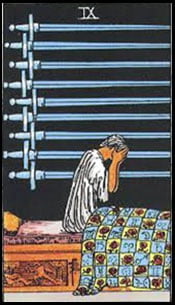 Nine of Swords Tarot Upright Meaning by The Tarot Guide, Learn How to Read Tarot Cards, Minor Arcana, General Interpretation, Love, Relationships, Money, Finance, Health, Spirituality, Keywords, Tarot Reading, Tarot Readers, Psychic, Clairvoyant, Reiki, Palm, Online, Skype, Email, In-person Tarot Readings, Dublin, Ireland, UK, USA, Canada, Australia, How Someone Sees You, Feels About You, Job Offer, Feelings¸ Outcome