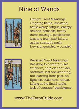 Nine of Wands Tarot Flashcard showing the best keyword meanings for the upright & reversed card, free online Minor Arcana flashcards, made by professional psychic Tarot reader, The Tarot Guide, the easy way to learn how to accurately read Tarot.
