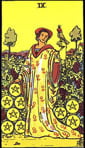 Nine of Pentacles Tarot card upright and reversed meaning by The Tarot Guide, Minor Arcana, Nine of Pentacles Tarot, Nine of Pentacles reversed, Nine of Pentacles Tarot reversed, meanings, Tarot Nine of Pentacles reversed, Tarot Nine of Pentacles